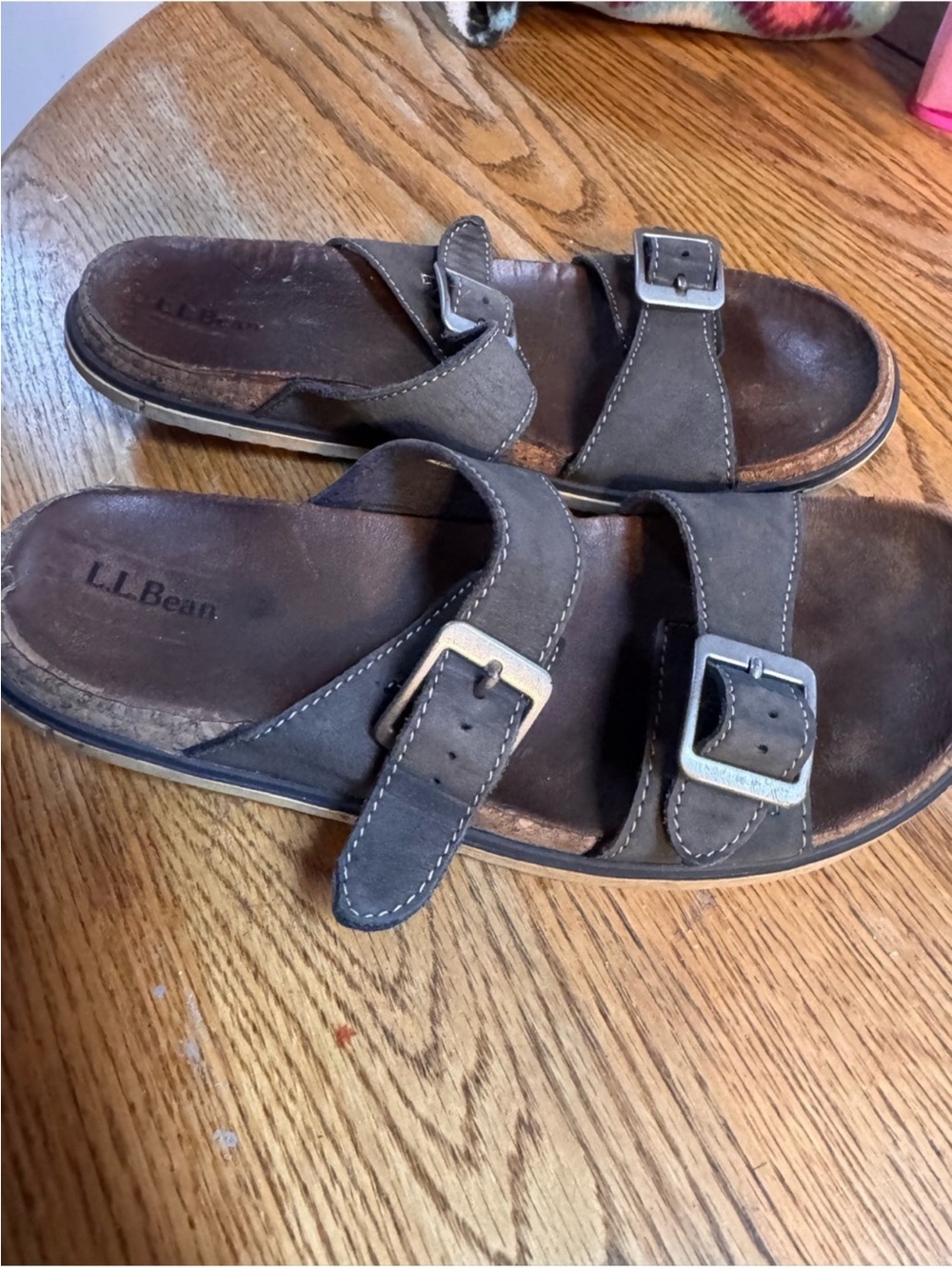 L.L. Bean Dark Brown Double Buckle Leather Slide Sandals size 8